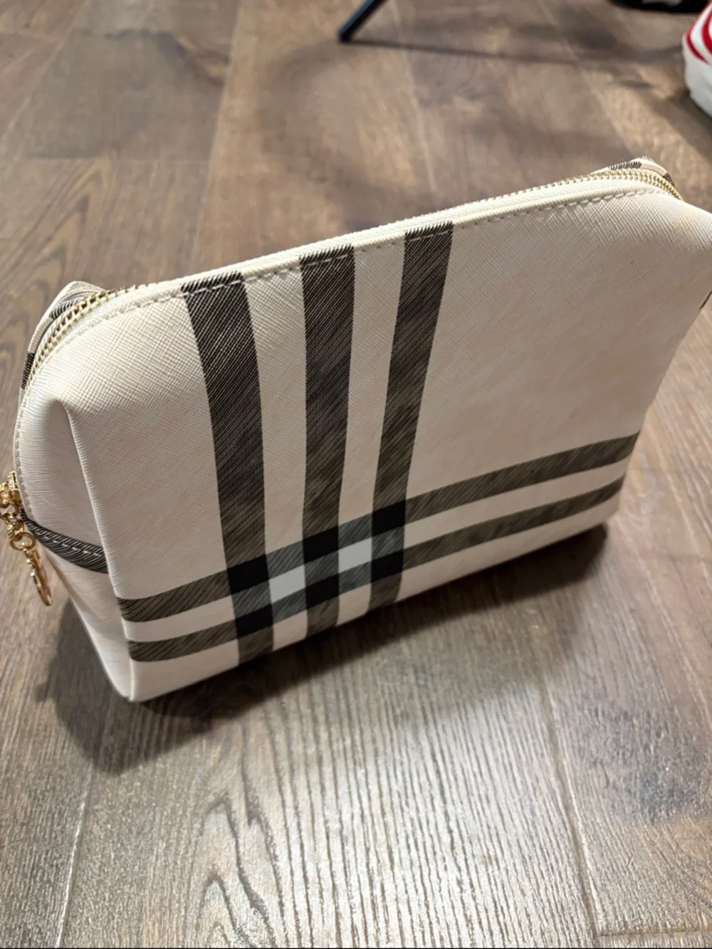 Cream Plaid Cosmetic Pouch with Black Check Detail